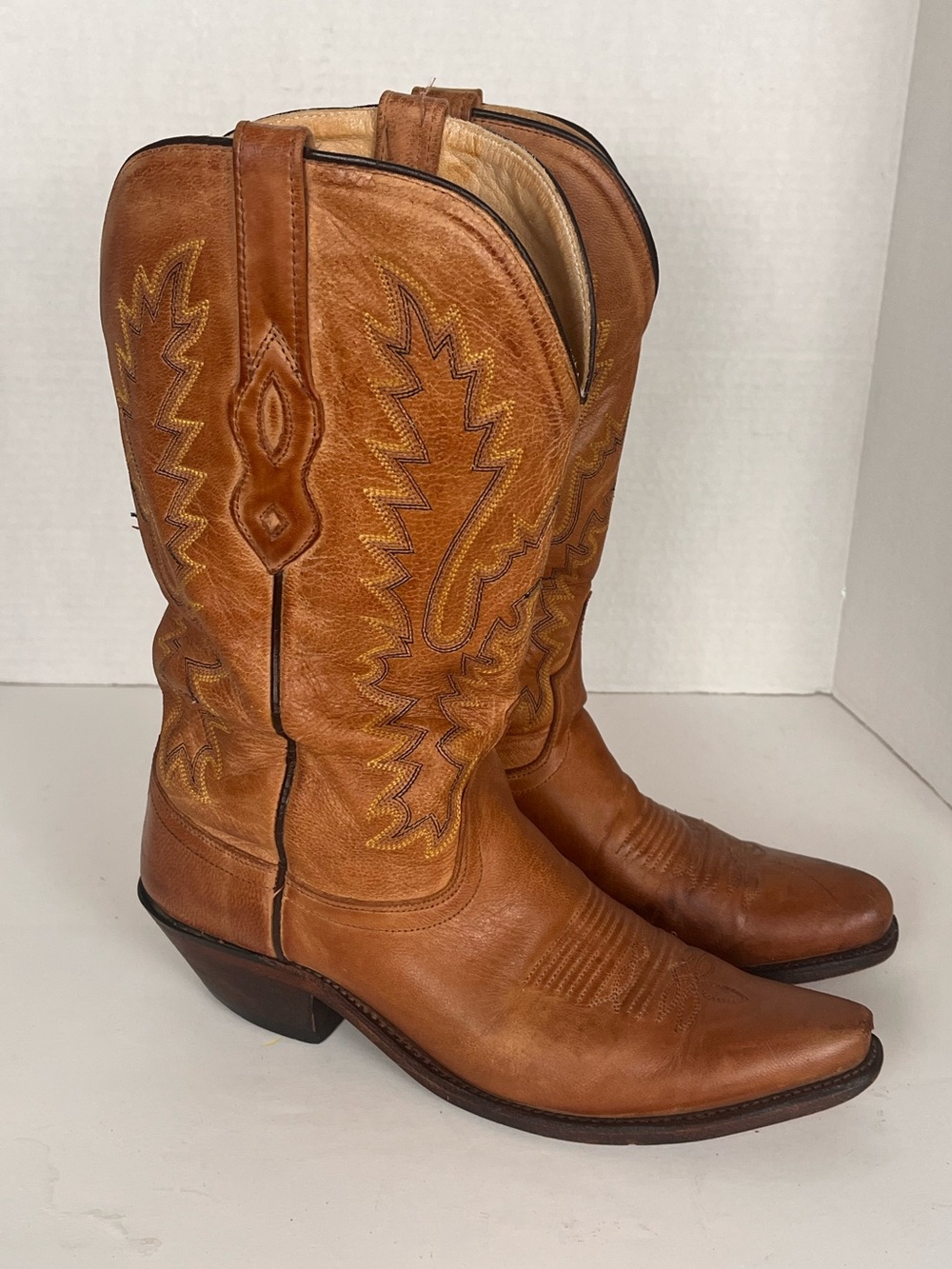 Old West Brown Leather Cowgirl Boots Women 8.5 Embroidered Flame Caramel Classic